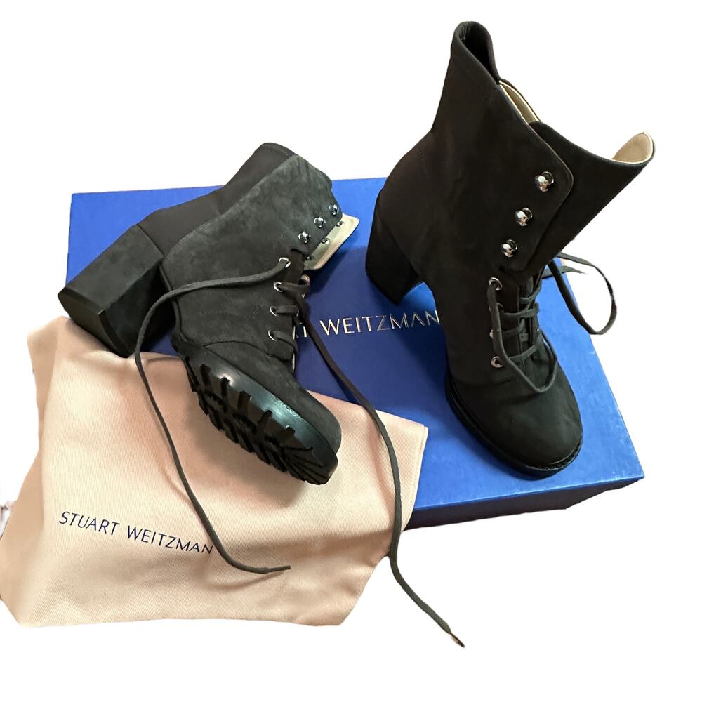 NEW Stuart Weitzman Savannah Lace Up Boots Grey Suede